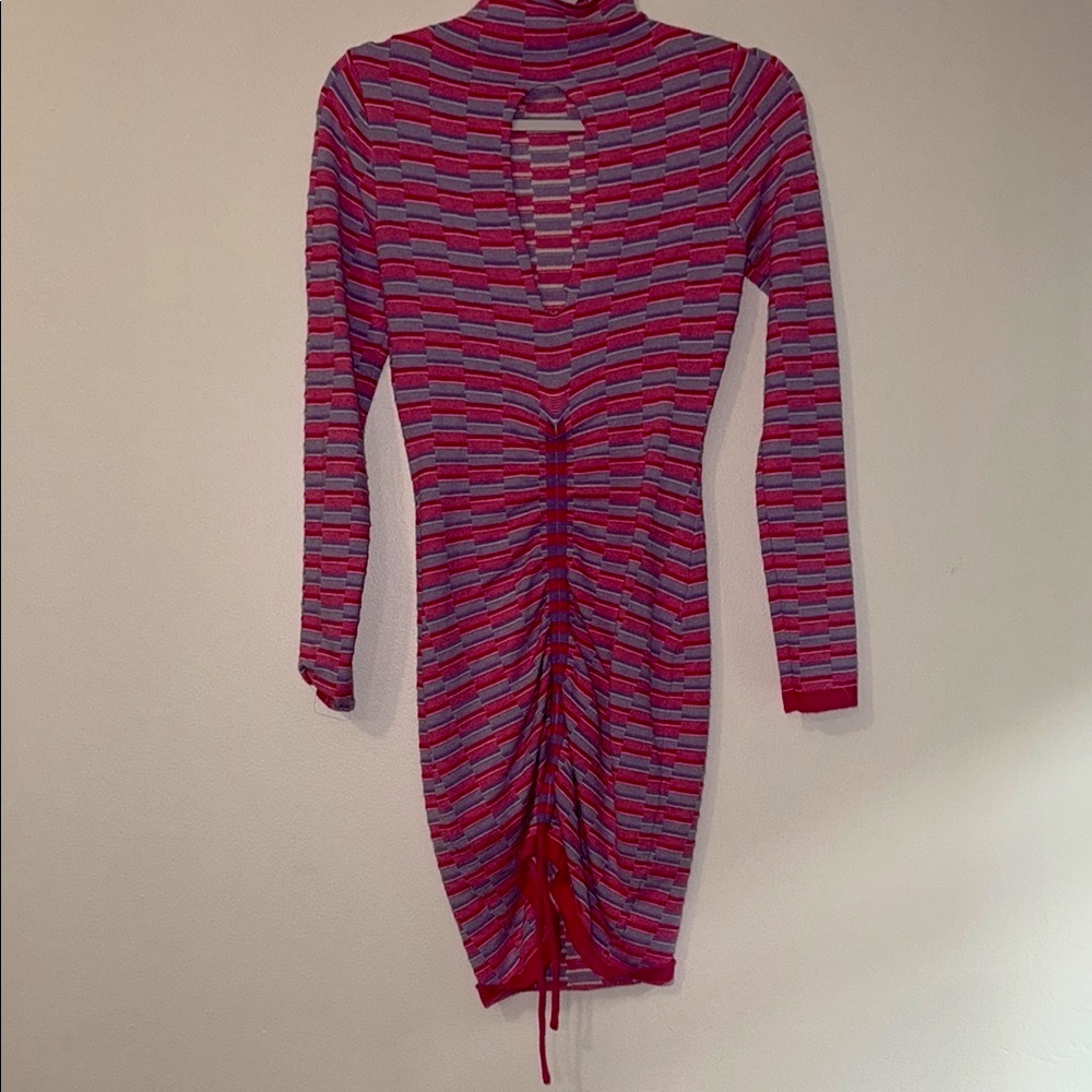 Fashion Nova Red and Gray Striped Long Sleeve Dress